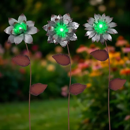 Estacas decorativas de jardín, flores de metal para exteriores, adornos que brillan en la oscuridad, decoración de maceta, cama de flores, patio,