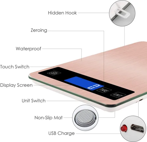 Miniatura 2 de Báscula digital de cocina, báscula de cocina recargable de acero inoxidable de 11.0 lbs/11 libras, de alta precisión, sensor táctil, pantalla LCD
