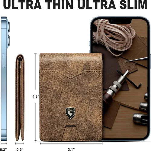 Miniatura 5 de GSOIAX Billetera delgada para hombre minimalista de cuero genuino fibra de carbono con bloqueo RFID de cuero vacuno plegable con caja de regalo