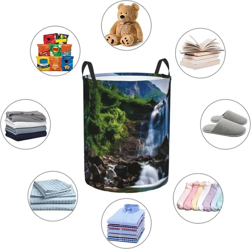 Miniatura 6 de Scenic mountain waterfall print Circular Hamper Waterproof Storage Bin Organizer Basket Laundry Hamper With Handles For Clothes Toys Small