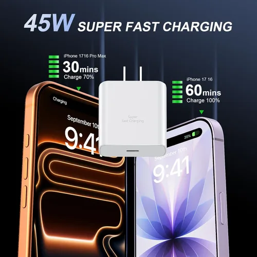 Miniatura 2 de Cargador para iPhone 17 16 Pro Max de carga rápida, 45 W USB C iPhone 17/16 bloque de carga súper rápido con cable de carga tipo C de 10 pies