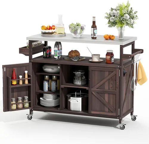 Miniatura 8 de Zevemomo - Carrito de parrilla al aire libre con almacenamiento, mesa de acero inoxidable para isla de cocina al aire libre, gabinete de buffet al