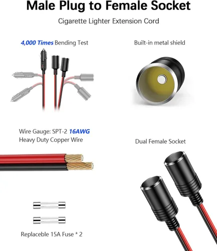 Miniatura 4 de Adaptador divisor de encendedor de cigarrillos para automóvil, 2 enchufes, cable de extensión de salida múltiple de 12 V-24 V, doble enchufe hembra