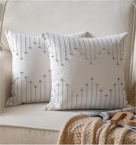 Miniatura 10 de Caflife Fundas de almohada boho de 18 x 18 pulgadas, juego de 2 almohadas decorativas para cama, fundas de almohada beige con línea negra para sofá