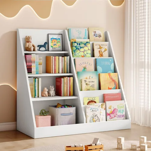 Tatub Estantería de madera para niños de 6 niveles y almacenamiento de juguetes, organizador de juguetes para niños con estantes para libros, Blanco