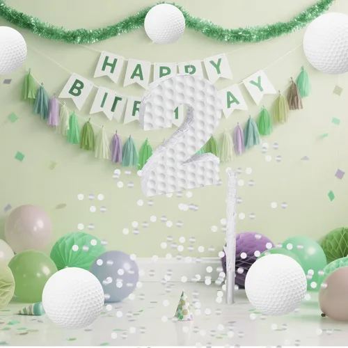 Miniatura 8 de Decoraciones de cumpleaños de golf, piñata número 3 con palo vendados y confeti, piñata temática deportiva, suministros para fiesta de tercer