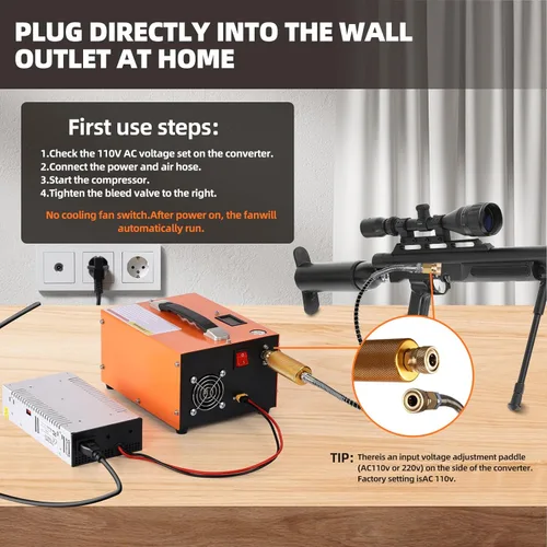 Miniatura 2 de Compresor de aire PCP, 4500 PSI/30 MPa, Fuente de alimentación dual 12V CC/110V CA, Bomba de inflado rápido sin aceite, Compresor de aire portátil