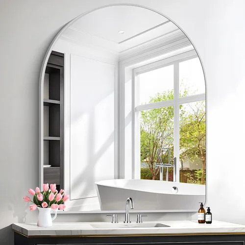 Miniatura 21 de FORBATH Espejo de baño arqueado de 16 x 24 pulgadas, espejo de baño negro montado en la pared, moderno marco de aleación de aluminio, espejo de arco