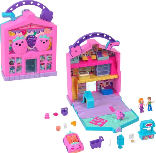 Polly Pocket Pollyville Fresh Market Muñecas y juego de juguete, juguete de comida con 2 micro muñecas, 12 accesorios incluyen coche de juguete y