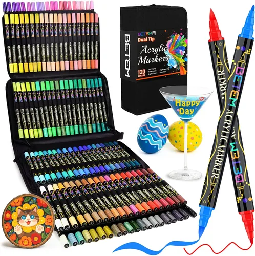 Betem Marcadores de Pintura Rotuladores de Pintura Acrílica, Punta Doble 120 Colores Marcadores Acrílicos con Punta de Pincel y Punta Fina,