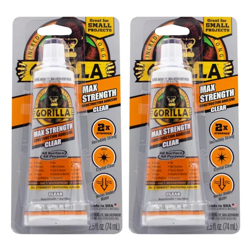 Gorilla Max Strength - Adhesivo transparente para construcción, tubo de compresión de 2.5 onzas, transparente, (paquete de 2)