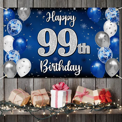 Miniatura 99 de Decoración de feliz cumpleaños 35, globo azul y plateado de 35 años, cartel grande de telón de fondo de cumpleaños, suministros para fiesta de 35th