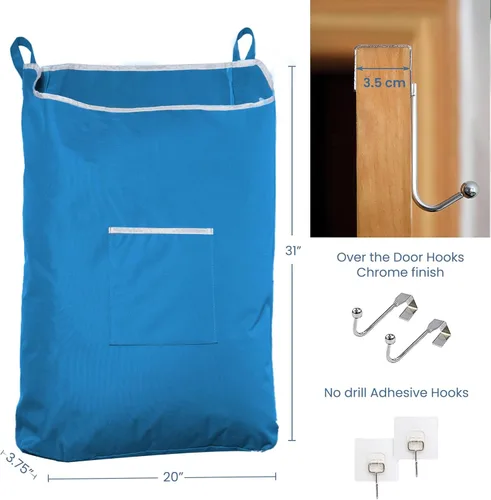 Miniatura 2 de The Fine Living Co. Cesta de lavandería colgante extragrande con ganchos para la puerta y adhesivo, bolsa de lavandería duradera que ahorra espacio