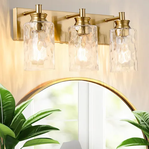 Miniatura 16 de Accesorios de lámpara de tocador de baño de 2 luces, moderna lámpara de baño dorada cepillada sobre espejo con pantalla de vidrio martillado
