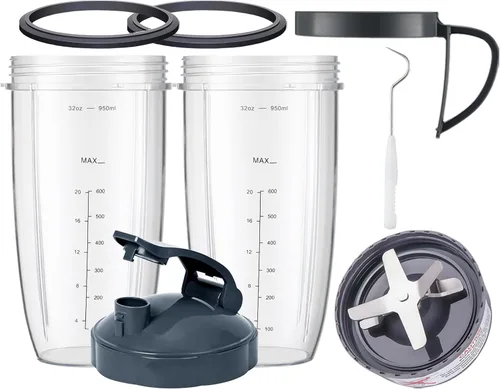 NutriBullet - Juego de 8 tazas y cuchillas de repuesto NutriBullet de 32 onzas con 1 tapa abatible para llevar y 1 mango de anillo para licuadora