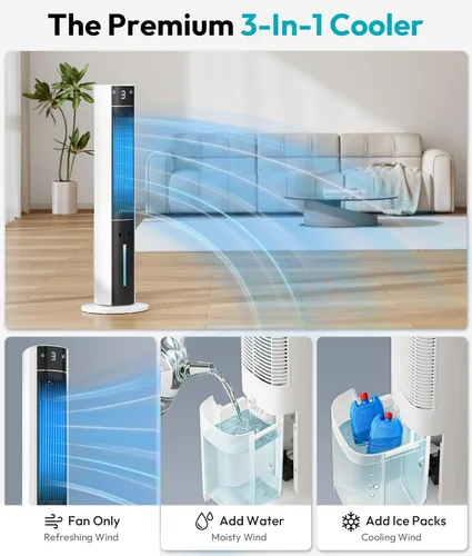 Miniatura 9 de Rellytech Enfriador de aire evaporativo: enfriador de pantano con tanque de agua de 3 L, 3 modos y 3 velocidades, control remoto, temporizador de 12