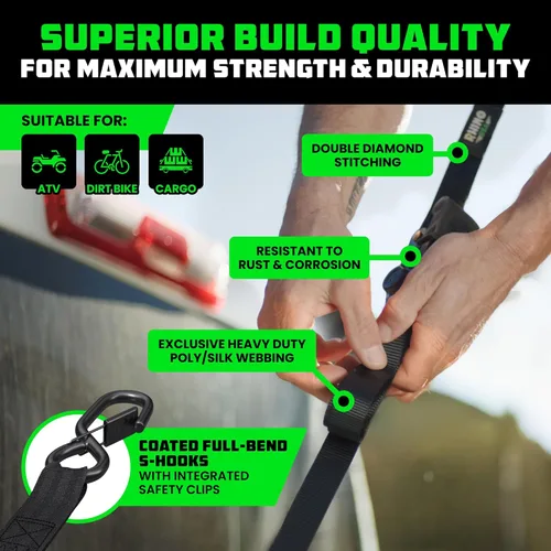 Miniatura 3 de Rhino USA - Correas de trinquete de amarre (4), 1 pulgada x 15 pies (resistencia 1823 libras), con ganchos en S de seguridad, alta calidad para Negro