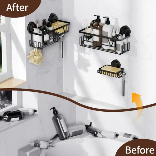 Miniatura 6 de KEGII Ventosa para ducha, paquete de 3 estantes de ducha extraíbles con ganchos y soporte para jabón, organizador de baño sin perforaciones