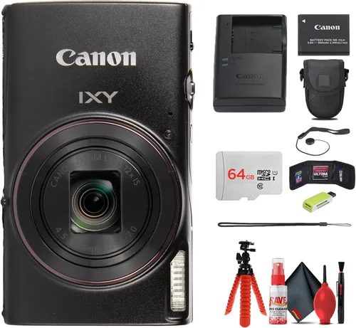 Canon IXY 650 HS M - Cámara digital compacta color negro, zoom óptico de 12x, apto para viajes, punto y disparo, paquete con tarjeta de 64 GB, bolsa