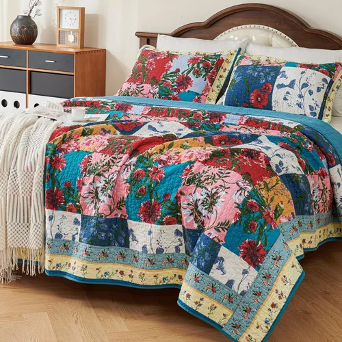 Miniatura 9 de EVENHUG Juego de edredón de retazos de 100% algodón, tamaño King, ligero, floral, juego de ropa de cama, colcha reversible con fundas de almohada