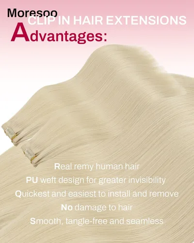 Miniatura 2 de Moresoo - Extensiones de cabello humano con pinzas, sin costuras, con trama, de poliuretano, invisible, cabello humano real, color rubio platino, 7