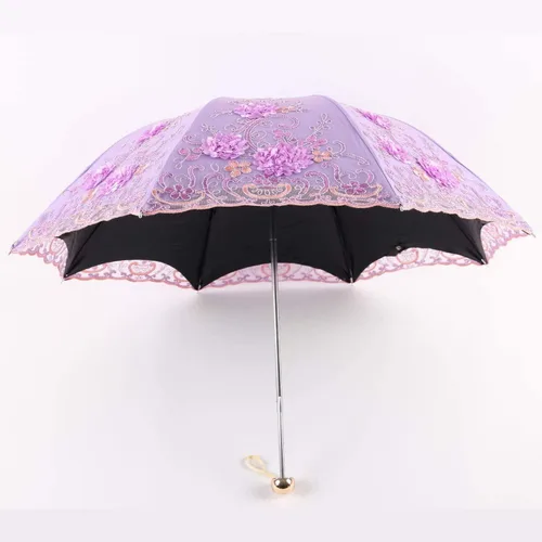 Miniatura 71 de Honeystore Sombrilla bordada con flor 3D plegable UV con encaje clásico