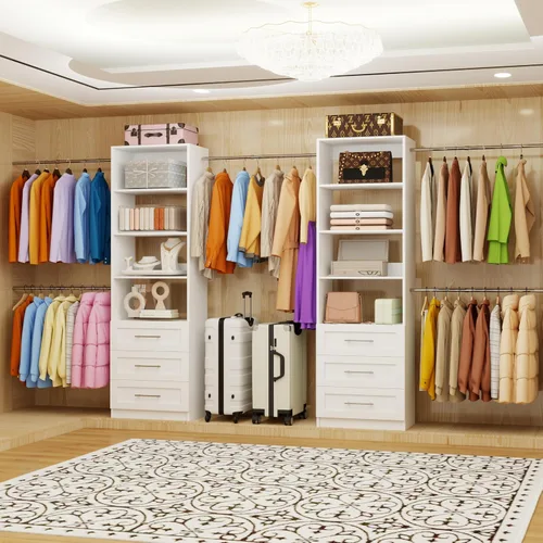 Miniatura 6 de Sistema de armario con 6 cajones, sistema organizador de armario modular de madera con 8 estantes, 8 varillas expandibles para colgar, montaje