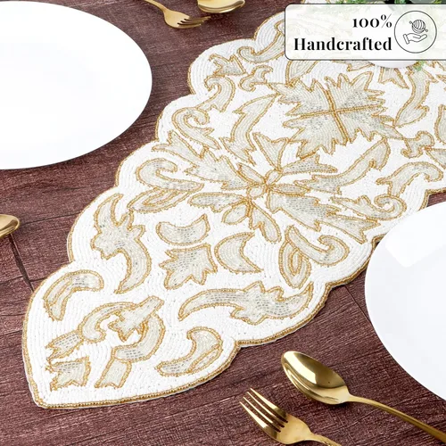 Miniatura 3 de Camino de mesa con cuentas de 13 x 36 pulgadas, elegante centro de mesa de comedor con cuentas de vidrio y parte trasera de poliéster, camino Oro