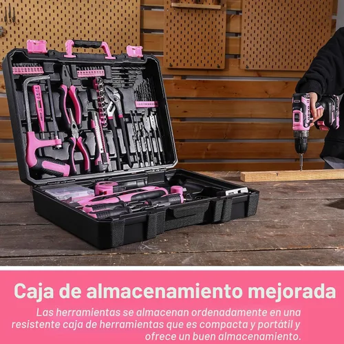 Miniatura 6 de Juego de herramientas de taladro eléctrico rosado: taladro eléctrico inalámbrico de 20 V, controlador, caja de herramientas con batería