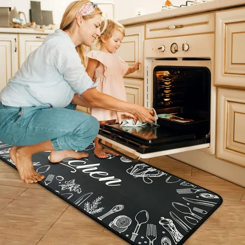 Miniatura 4 de Juego de 2 alfombras y tapetes de cocina antideslizantes, lavables, color negro, suaves, superabsorbentes, antifatiga, juego de tapetes de cocina