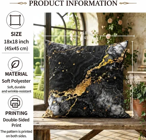 Miniatura 4 de Yobvec Juego de 2 fundas de almohada de 18 x 18 pulgadas, color negro dorado y gris, fundas de cojín decorativas de mármol abstracto, decoración