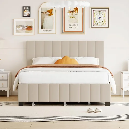 Miniatura 13 de Harper & Bright Designs - Cama de plataforma tapizada tamaño Queen con cabecera de terciopelo con patrón de flores, base de cama de madera