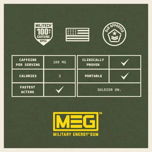 Miniatura 6 de MEG - Goma de mascar de energía militar 100 mg de cafeína por pieza + aumenta la energía + aumenta el rendimiento físico + paquete de 8