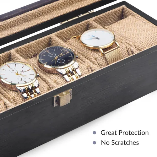 Miniatura 8 de Alsonerbay Caja de reloj con 6 ranuras para hombres y mujeres, organizador de reloj negro, soporte de almacenamiento de madera con cerradura