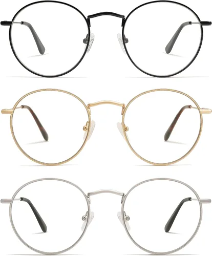 Paquete de 3 lentes de lectura redondos retro para hombres y mujeres, a la moda, bloqueo de luz azul, para lectura frente a la computadora, marco de