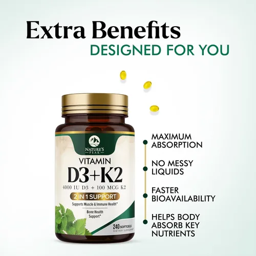 Miniatura 7 de Vitamina D3 K2 - Vitamina D3 4000 UI por cápsula blanda - Suplemento de vitamina D3 de alta potencia - Complejo 2 en 1 Vitamina D y vitamina K2