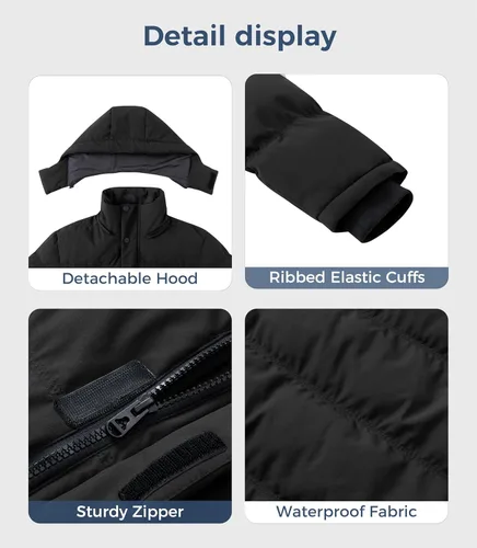 Miniatura 5 de Wantdo - Abrigo de invierno cálido para hombre, chaqueta acolchada impermeable y resistente al viento, capa gruesa de forro desmontable