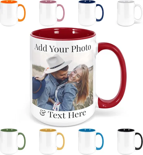 Miniatura 10 de Taza de café personalizada, taza de cerámica personalizada de 15 onzas con foto, impresión de doble cara, divertida, rosa