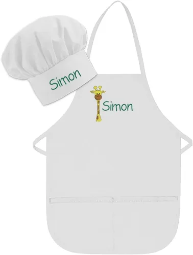 Miniatura 15 de Conjunto de delantal y sombrero personalizado para niños de zoológico, añade tu propio nombre para niños, cocina, horneado