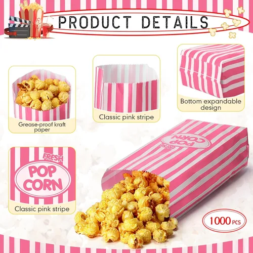 Miniatura 3 de Sherr 1000 Piezas Bolsas de Palomitas de Maíz de 1 oz a Granel Rosa con Rayas Retro Desechables para Noches de Película Navidad Circo Carnaval