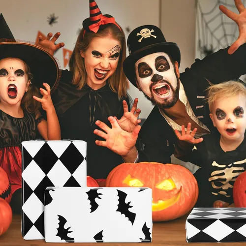 Miniatura 7 de AnyDesign 12 hojas de papel de regalo de Halloween, papel de embalaje de telaraña de fantasma, calabaza y fantasma, papel de embalaje plegado plano
