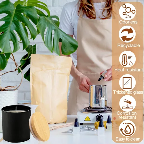 Miniatura 4 de CONNOO Paquete de 8 tarros de vidrio negros vacíos de 14 onzas para hacer velas con tapas de bambú y etiquetas adhesivas, tarros para hacer velas a
