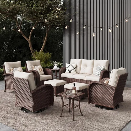 Miniatura 10 de LayinSun - Juego de 10 piezas de muebles seccionales de patio para el aire libre con mesa para fogata, juegos de sillas giratorias reclinables