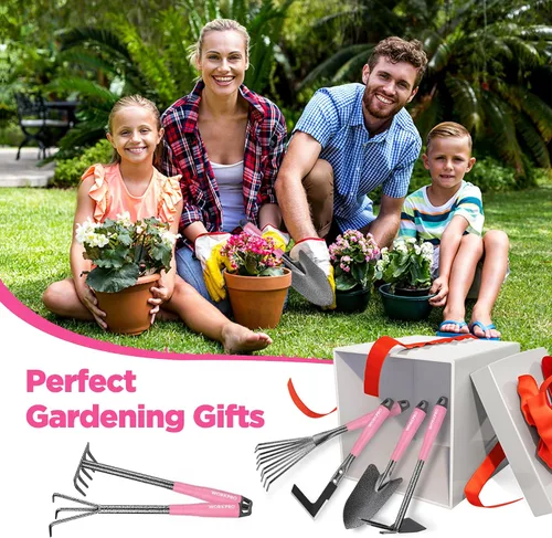 Miniatura 8 de WORKPRO Juego de herramientas de jardín rosa de 6 piezas, herramientas manuales de jardinería resistentes con mango de goma suave, incluyendo