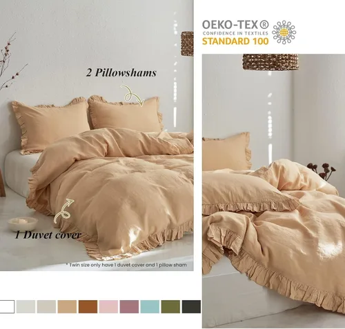 Miniatura 7 de Simple&Opulence - Juego de funda de edredón 100% lino, 3 piezas, lino francés natural arenoso con volantes, tamaño completo, funda de edredón