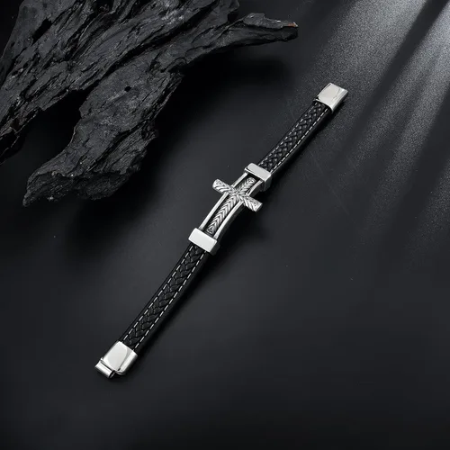 Miniatura 3 de Pulsera de cuero con cruz para hombre, de acero inoxidable, religiosa y religiosa con cruz lateral, pulsera de oración cristiana, regalo para hombres