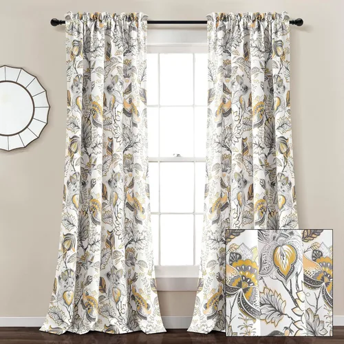 Miniatura 11 de Lush Decor Cynthia Jacobean - Par de paneles de cortinas para ventana con filtro de luz, 84" L x 52" A, amarillo y gris