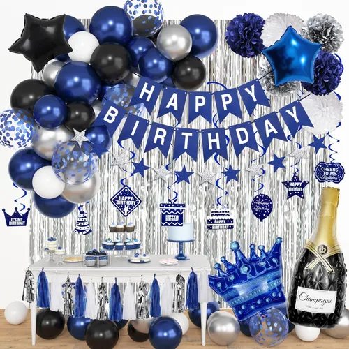 Decoraciones de cumpleaños azules para hombres y niños, decoraciones de fiesta de color azul y plateado, cortinas con flecos, pancarta de feliz