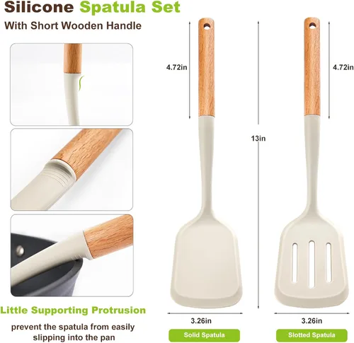 Miniatura 2 de Juego de 2 espátulas de silicona con elegante mango de madera, resistente al calor, sólido y ranurado para sartenes antiadherentes, grandes Caqui