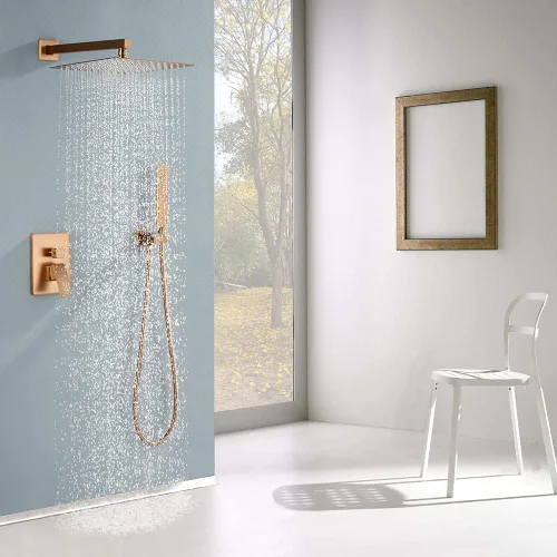 Miniatura 2 de Iriber - Sistema de ducha de lluvia en oro rosa cepillado con cabezal de ducha de 12 pulgadas y juego de ducha de mano montado en la pared del baño